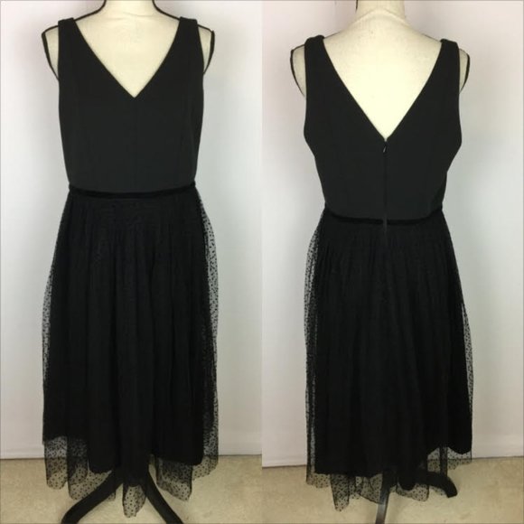 Boden Dresses & Skirts - Boden Midi Fit & Flare Dress Sz 8 Woman Black Tulle Polka Dot V-Neck Sleeveless